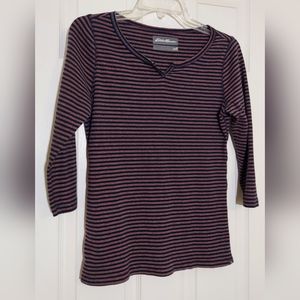 Eddie Bauer Medium 3/4 Sleeve Navy Blue, Red-Orange, & White Stripe 100% Cotton